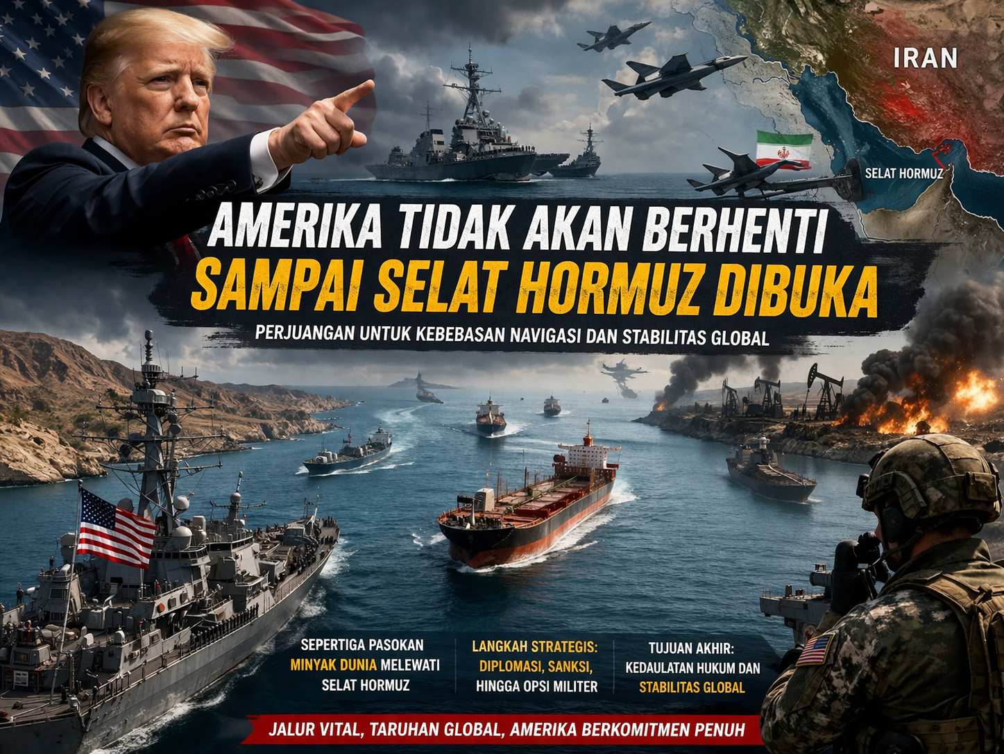 Amerika Tegaskan Tidak Akan Berhenti Hingga Selat Hormuz Kembali Terbuka
