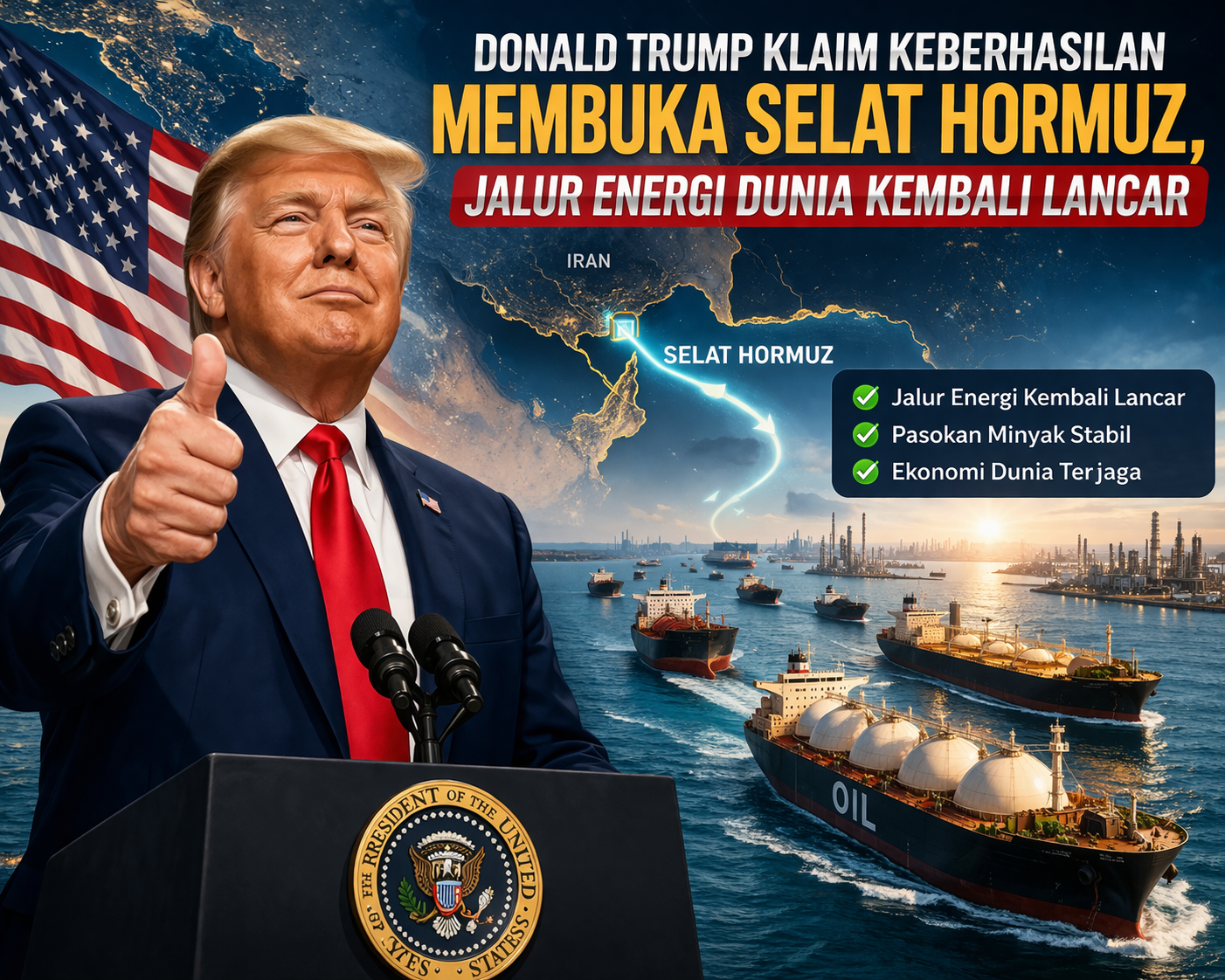 Donald Trump Klaim Keberhasilan Membuka Selat Hormuz, Jalur Energi Dunia Kembali Lancar